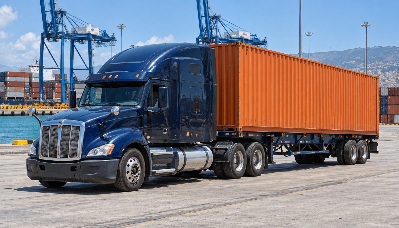 Tractocamión con un contenedor sobre chasis portacontenedor en una terminal portuaria